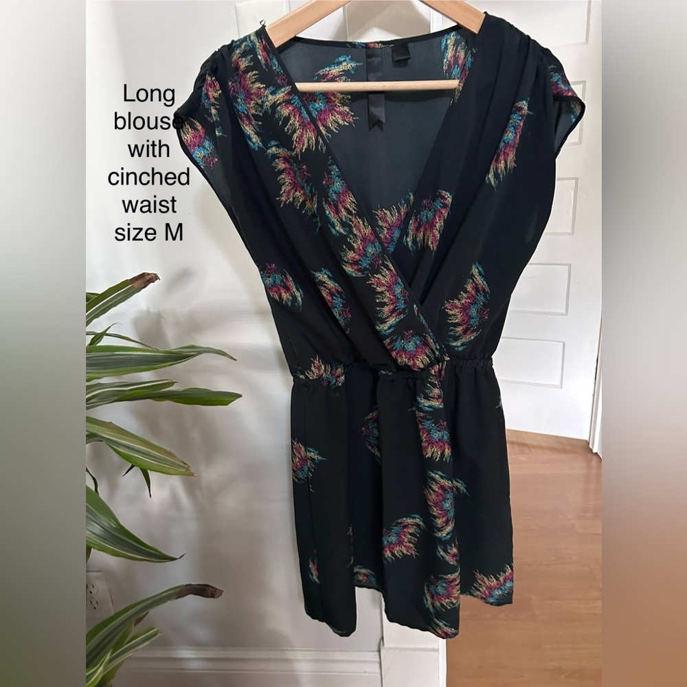 Black Floral Blouse with Cinched Waist
